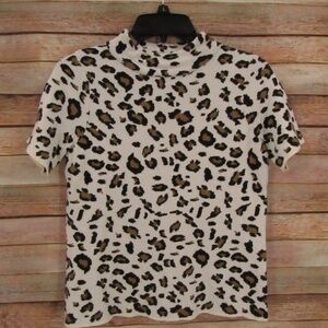 Anthropologie Field Flower Animal Print Short Sleeve Mock Collar Sweater S